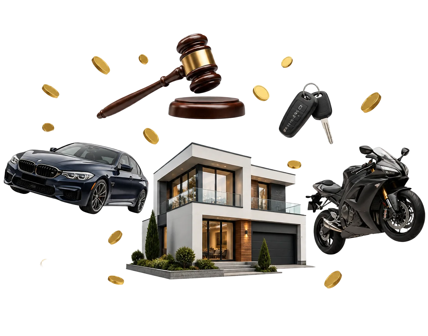 Casa, carro, moto, martelo de leilão e chaves flutuando em composição premium